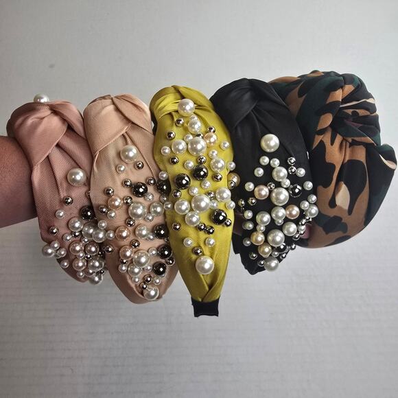 Headband Bundle of 5 Animal Print Pearls Black Chartreuse Blush Rose Tan Green - Picture 2 of 5